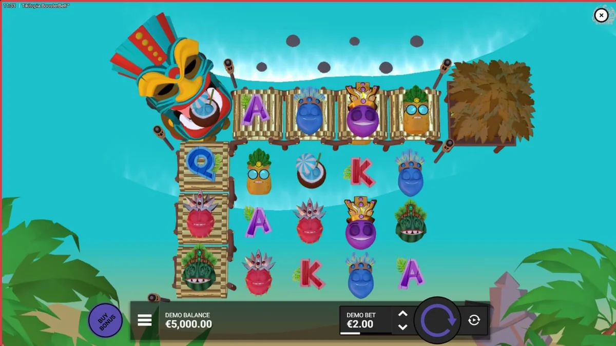Tampilan visual slot Tikitopia BoosterBelt dengan tema pulau tropis dan totem Tiki