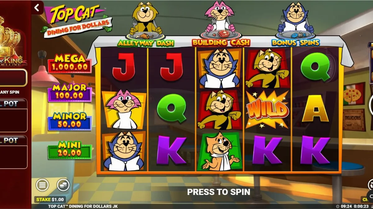 Tampilan visual karakter Top Cat dalam permainan slot Dining For Dollars